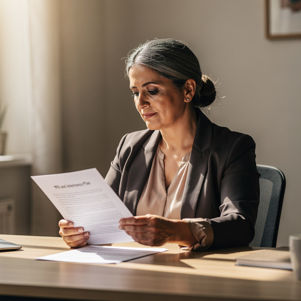 Turkish woman reviewing a will document at a home desk